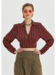 Patterned Shirt Collar Long Sleeve Red Crop Blouse 4431